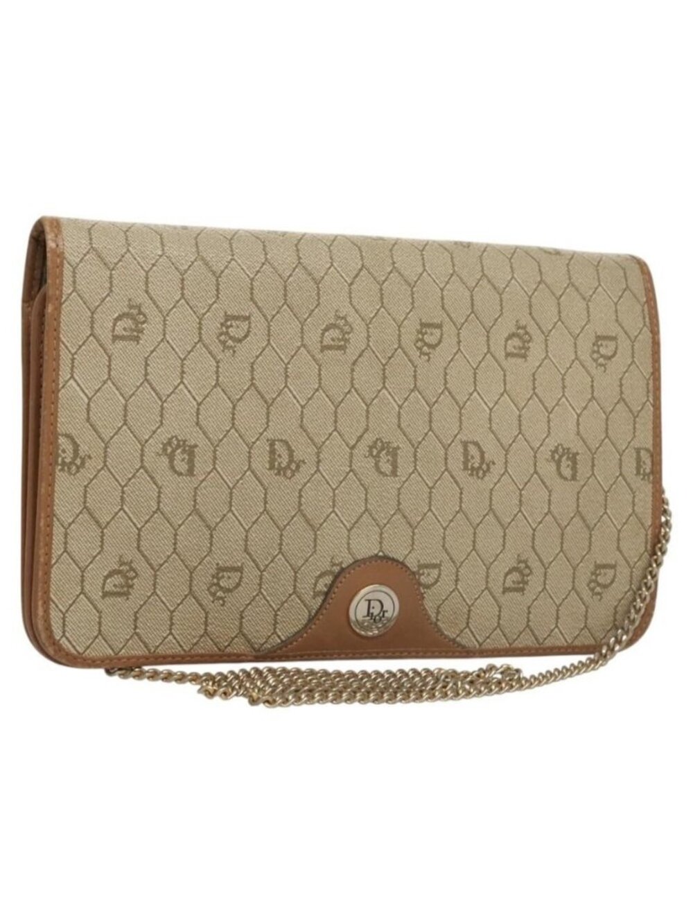 Authentic Christian Dior Honeycomb Canvas Chain Shoulder Bag PVC Leather Beige